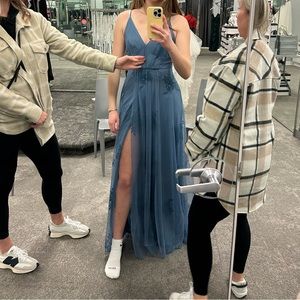 David’s Bridal Blue Floral Maxi Prom Dress